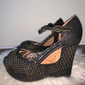 Black & Gold-Studded Kendra Peep-Toe Wedges